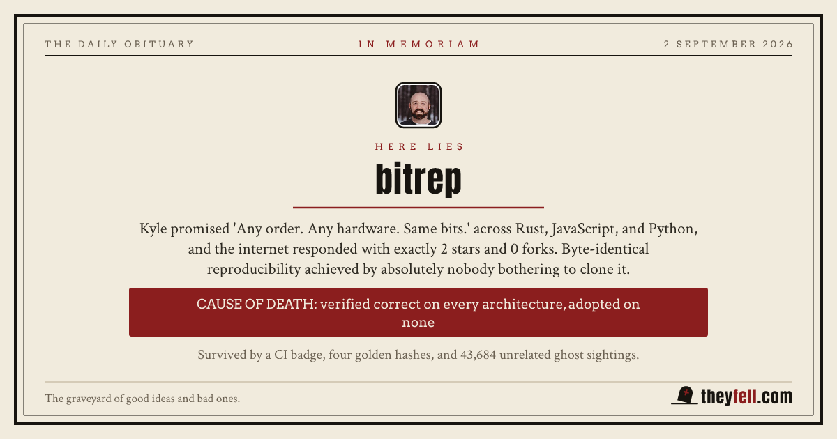Obituary card: here lies bitrep. Cause of death: verified correct on every architecture, adopted on none