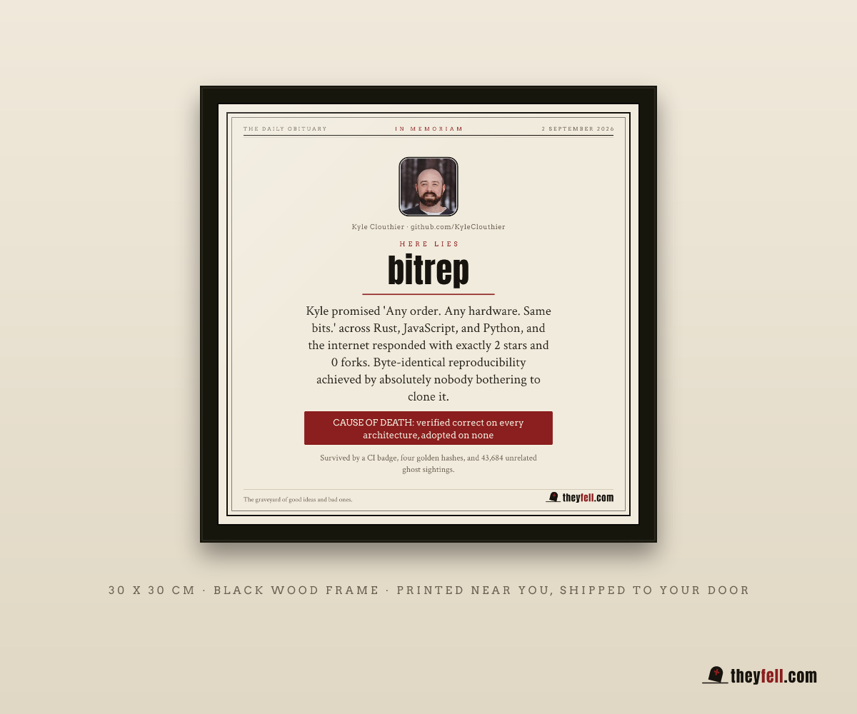 The obituary card for bitrep, framed on a wall