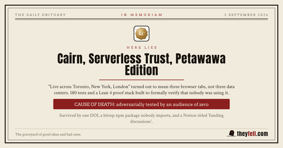Obituary card: here lies Cairn, Serverless Trust, Petawawa Edition. Cause of death: adversarially tested by an audience of zero