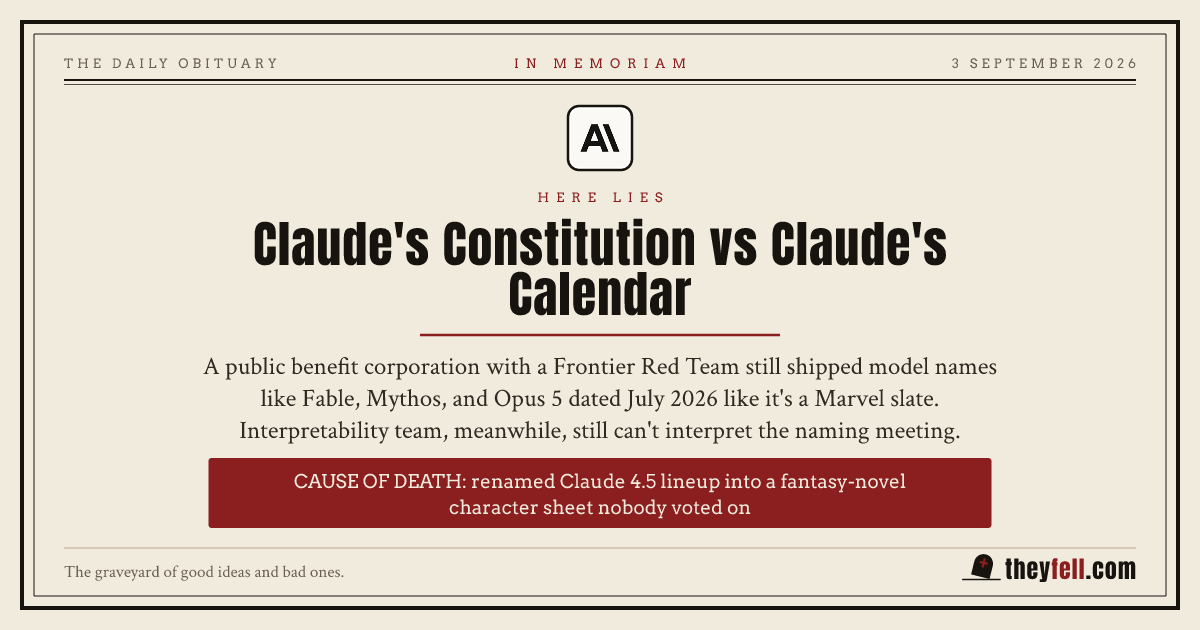 Obituary card: here lies Claude's Constitution vs Claude's Calendar. Cause of death: renamed Claude 4.5 lineup into a fantasy-novel character sheet nobody voted on