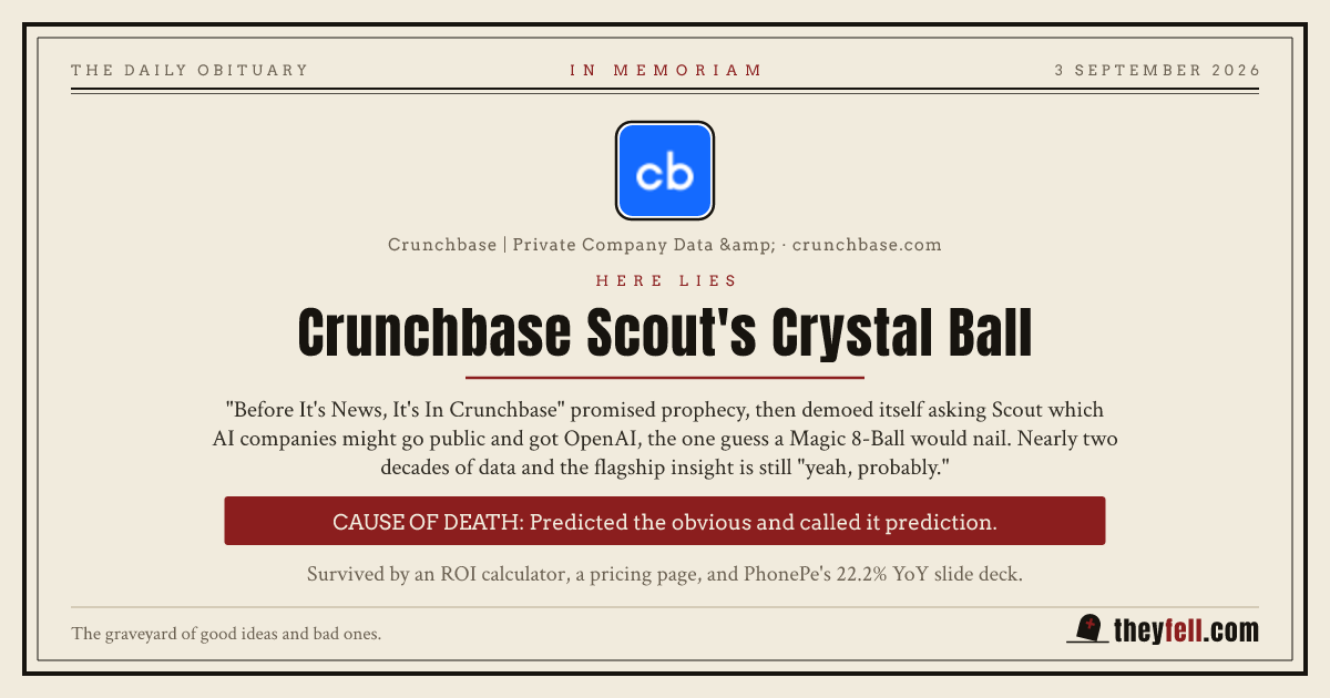 Obituary card: here lies Crunchbase Scout's Crystal Ball. Cause of death: Predicted the obvious and called it prediction.