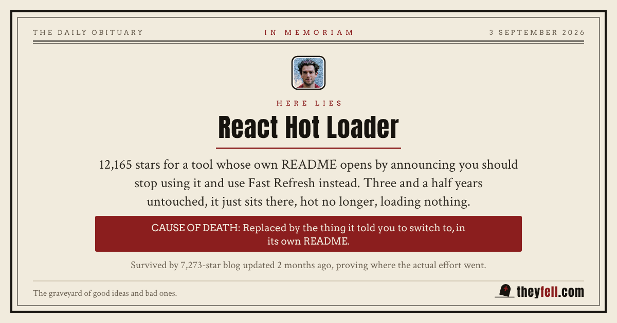 Obituary card: here lies React Hot Loader. Cause of death: Replaced by the thing it told you to switch to, in its own README.
