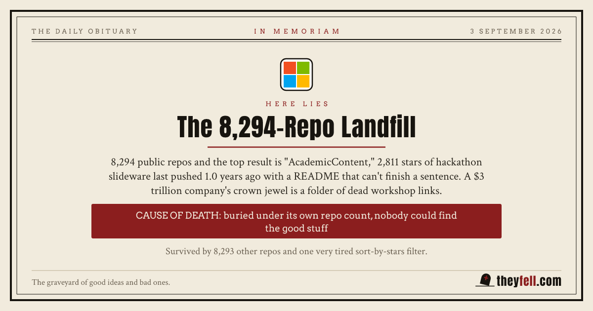 Obituary card: here lies The 8,294-Repo Landfill. Cause of death: buried under its own repo count, nobody could find the good stuff