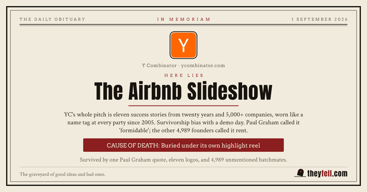 Obituary card: here lies The Airbnb Slideshow. Cause of death: Buried under its own highlight reel