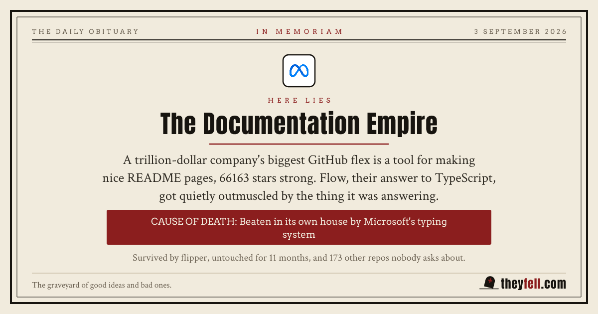 Obituary card: here lies The Documentation Empire. Cause of death: Beaten in its own house by Microsoft's typing system