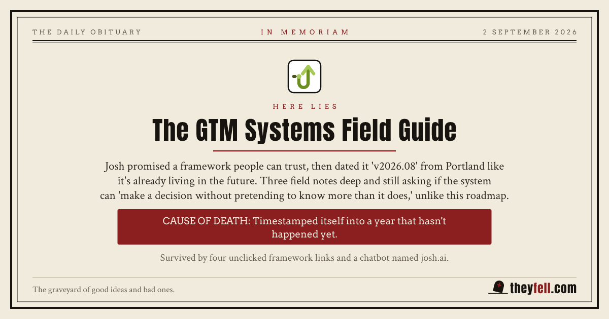 Obituary card: here lies The GTM Systems Field Guide. Cause of death: Timestamped itself into a year that hasn't happened yet.