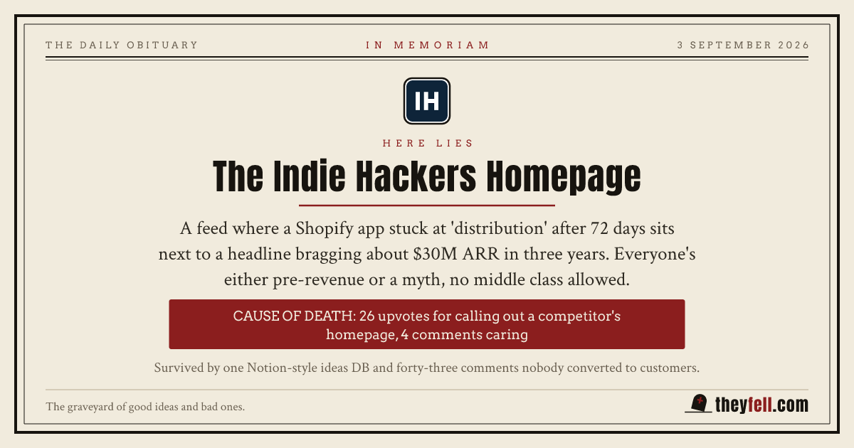 Obituary card: here lies The Indie Hackers Homepage. Cause of death: 26 upvotes for calling out a competitor's homepage, 4 comments caring