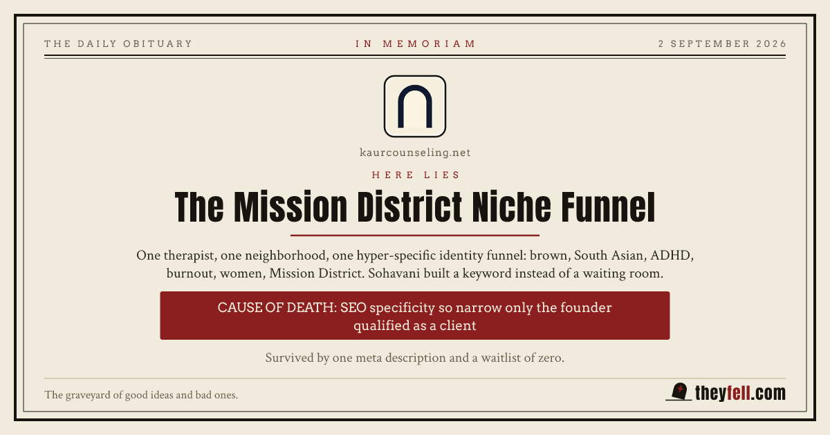 Obituary card: here lies The Mission District Niche Funnel. Cause of death: SEO specificity so narrow only the founder qualified as a client