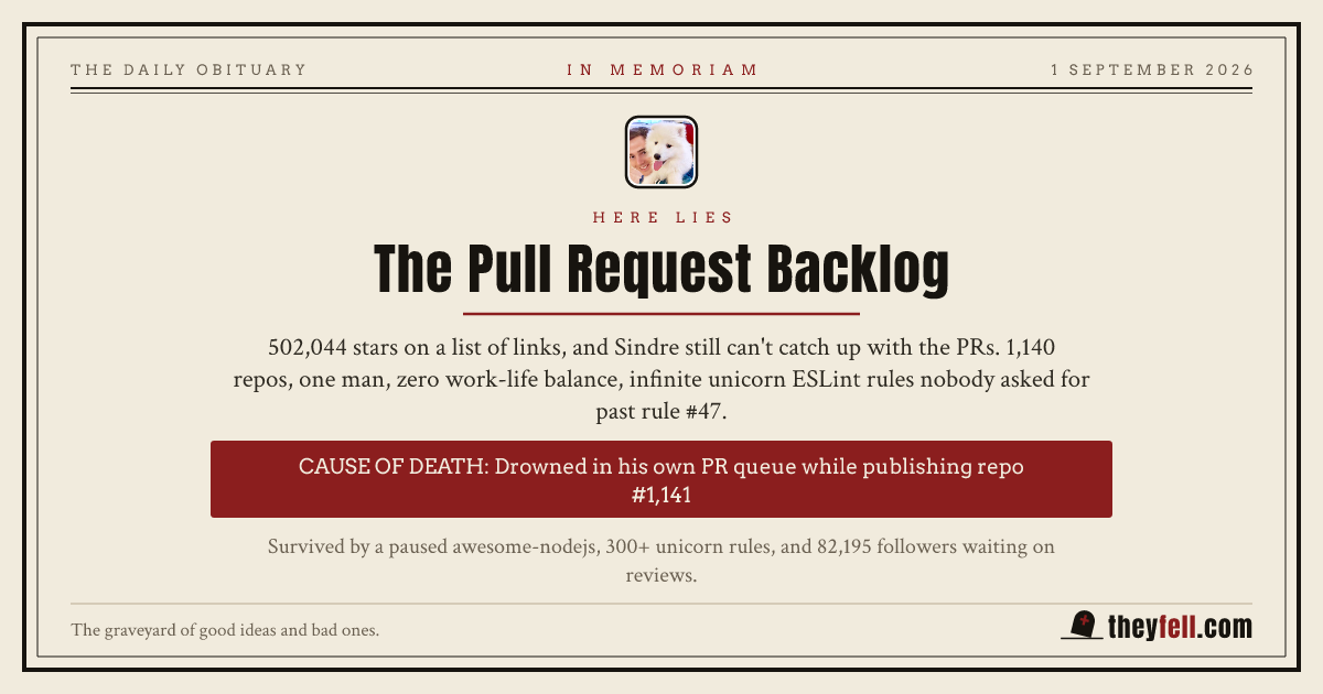 Obituary card: here lies The Pull Request Backlog. Cause of death: Drowned in his own PR queue while publishing repo #1,141