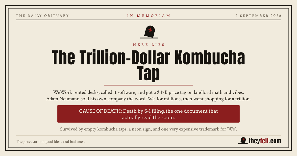Obituary card: here lies The Trillion-Dollar Kombucha Tap. Cause of death: Death by S-1 filing, the one document that actually read the room.