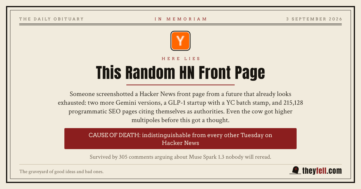 Obituary card: here lies This Random HN Front Page. Cause of death: indistinguishable from every other Tuesday on Hacker News